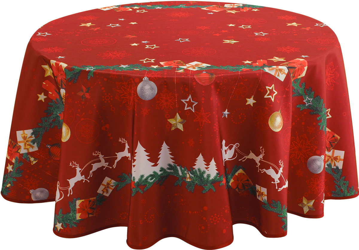 Nappe Boules de Noël, cloches et guirlande, blanc-rouge, ronde Ø 160 cm,  100% polyester anti-taches