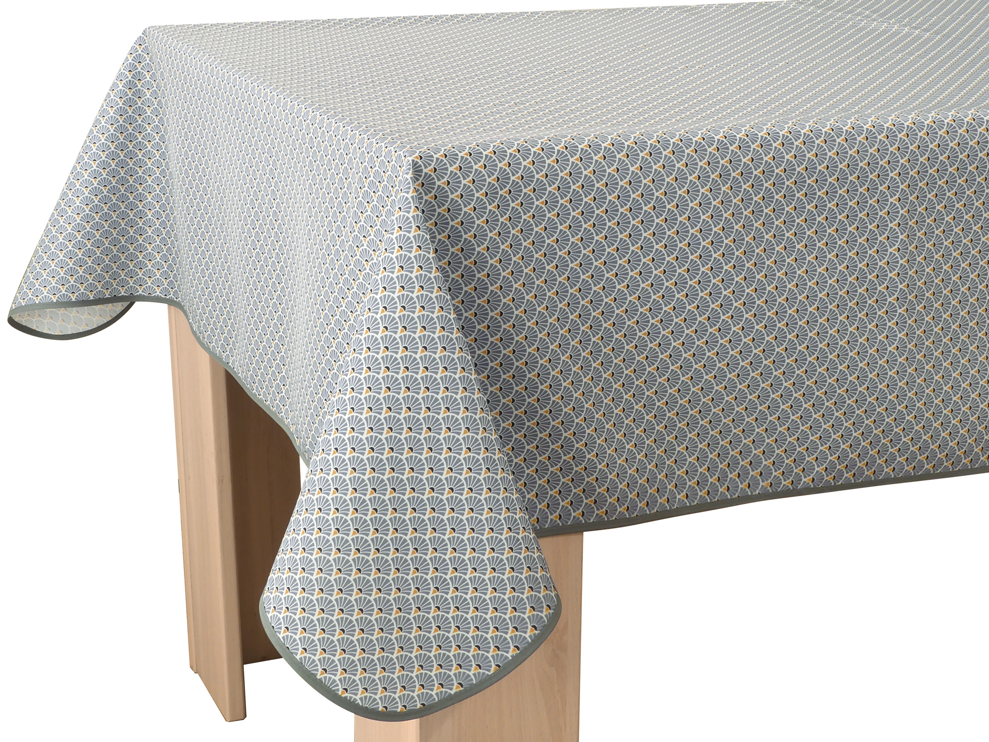 Nappe Artchic, paon stylisé, blanc, bleu, gris, doré ou vert, carrée 150x150  cm, 100% polyester anti-taches
