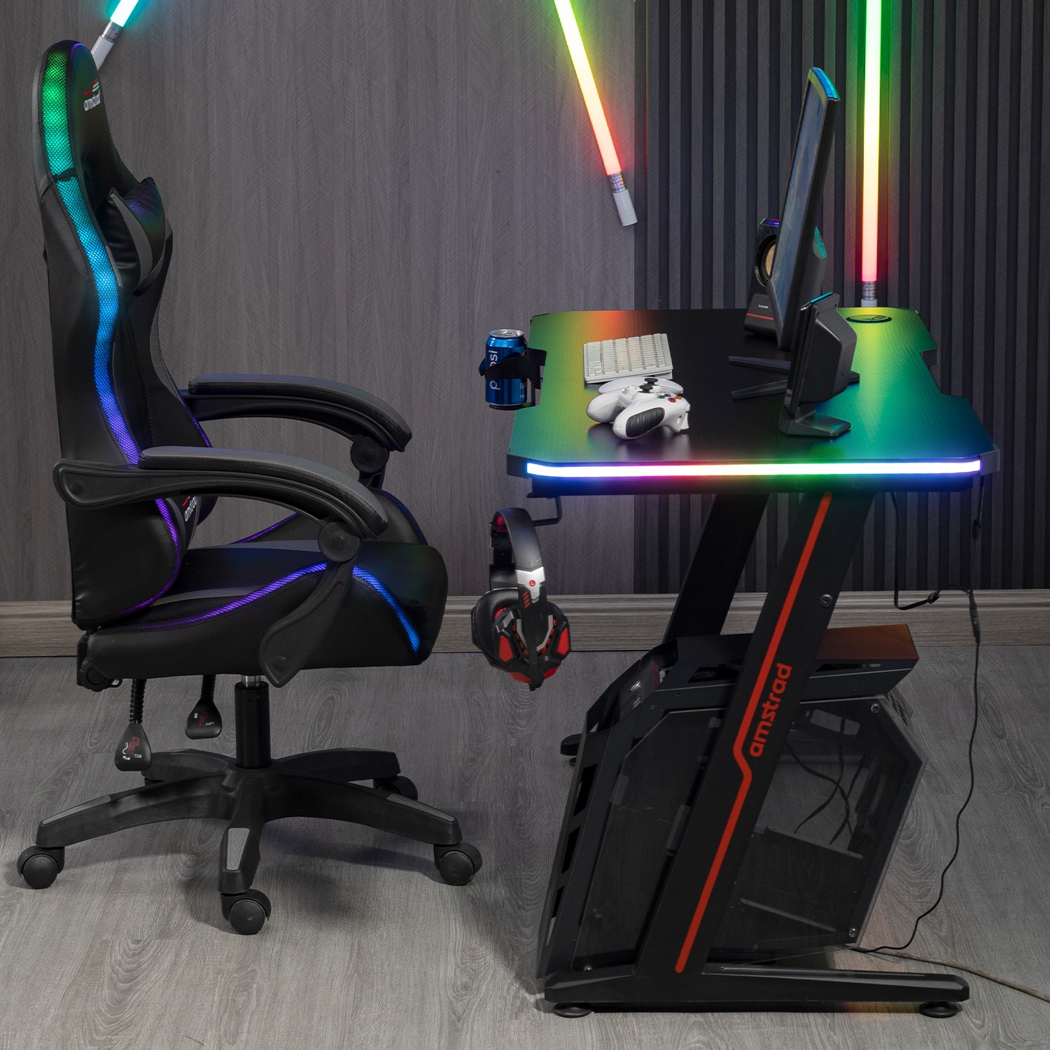 Pack Bureau & Fauteuil Gamer Amstrad - Motif Tête De Mort Arc-en-ciel, LED, Largeur 120 Cm