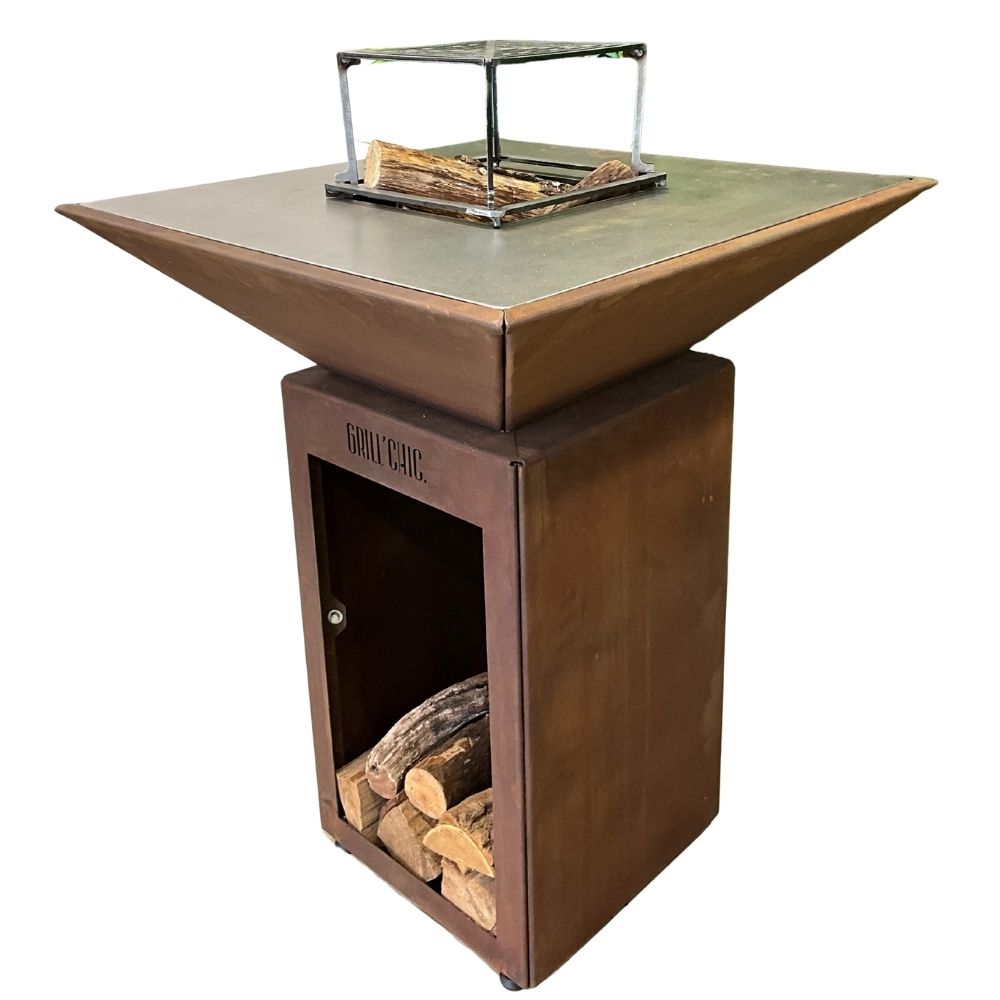 Brasero En Acier Corten AUVERGNAT – Avec Rangement Bois – Forme Carrée – Pour Jardin Et Terrasse