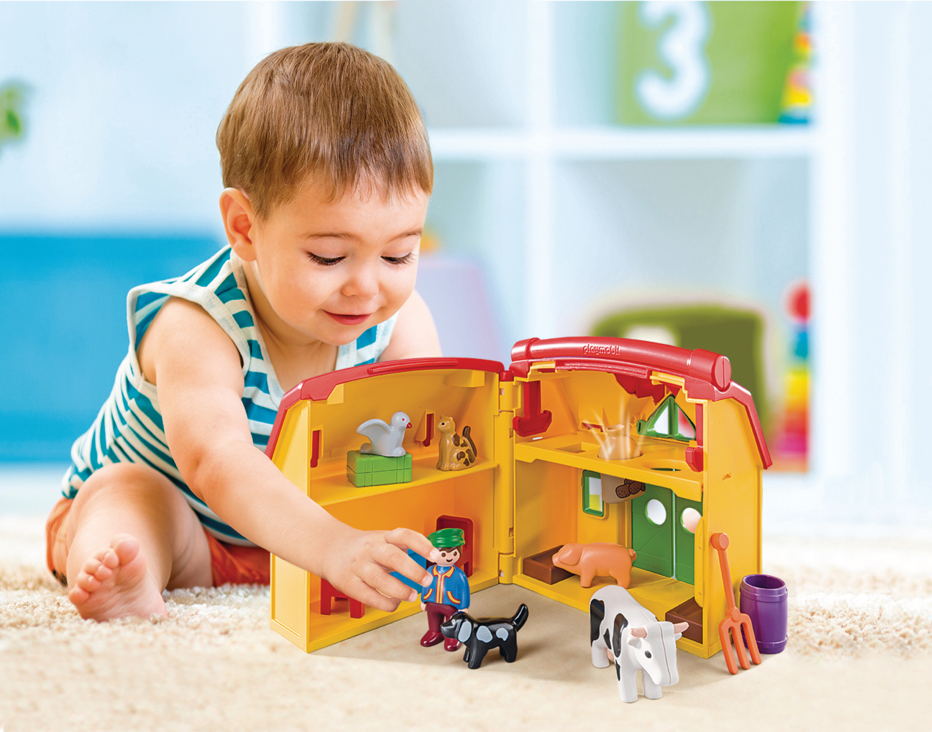 Lot Playmobil 123 : Ferme Avec Animaux, Figurines, Avion Et Véhicule - Occasion