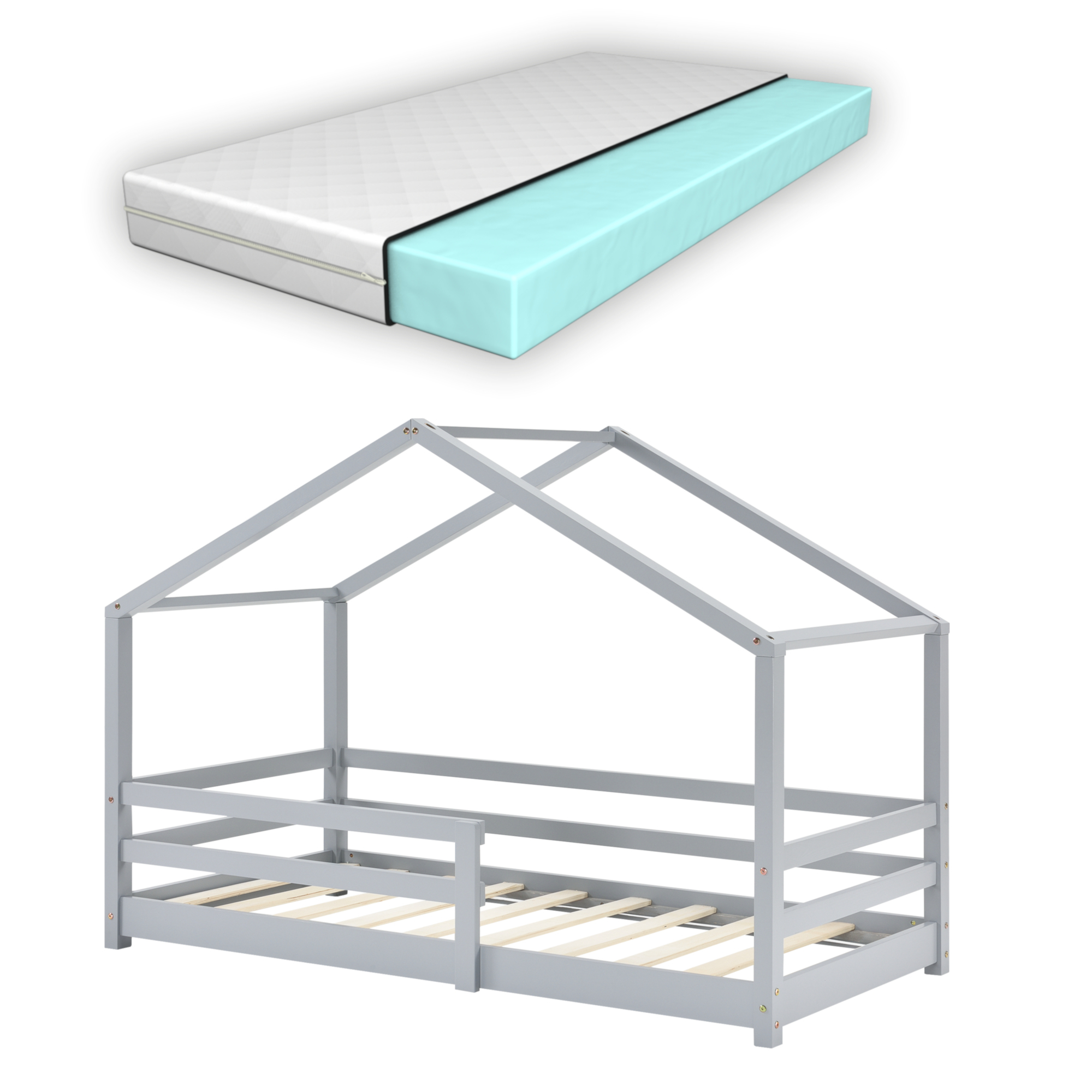 Lit enfant Premium XL Lit Cabane Knätten avec Grille de Protection et  Matelas Mousse à Froid 200 x 90 cm Gris Clair [en.casa]