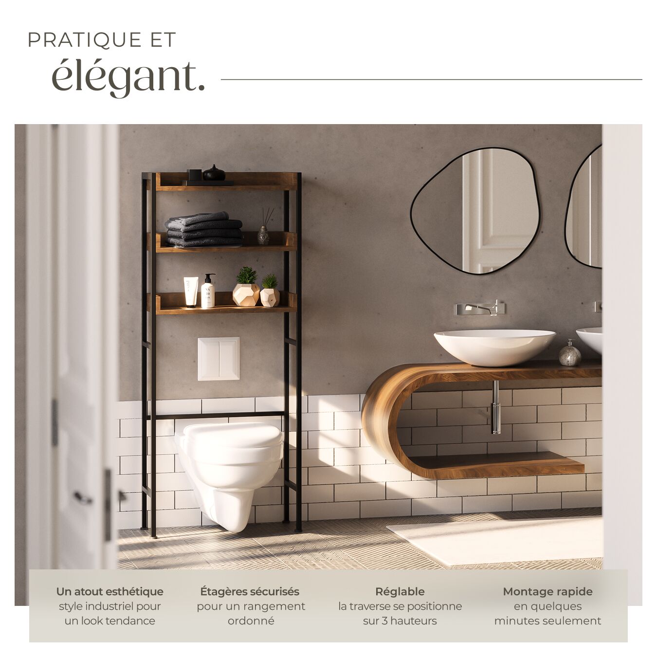 Étagère Salle De Bain 3 Niveaux Industriel - Meuble Rangement Bois Et Métal 165 Cm - Pieds Réglables Et Anti-basculement - Gain De Place