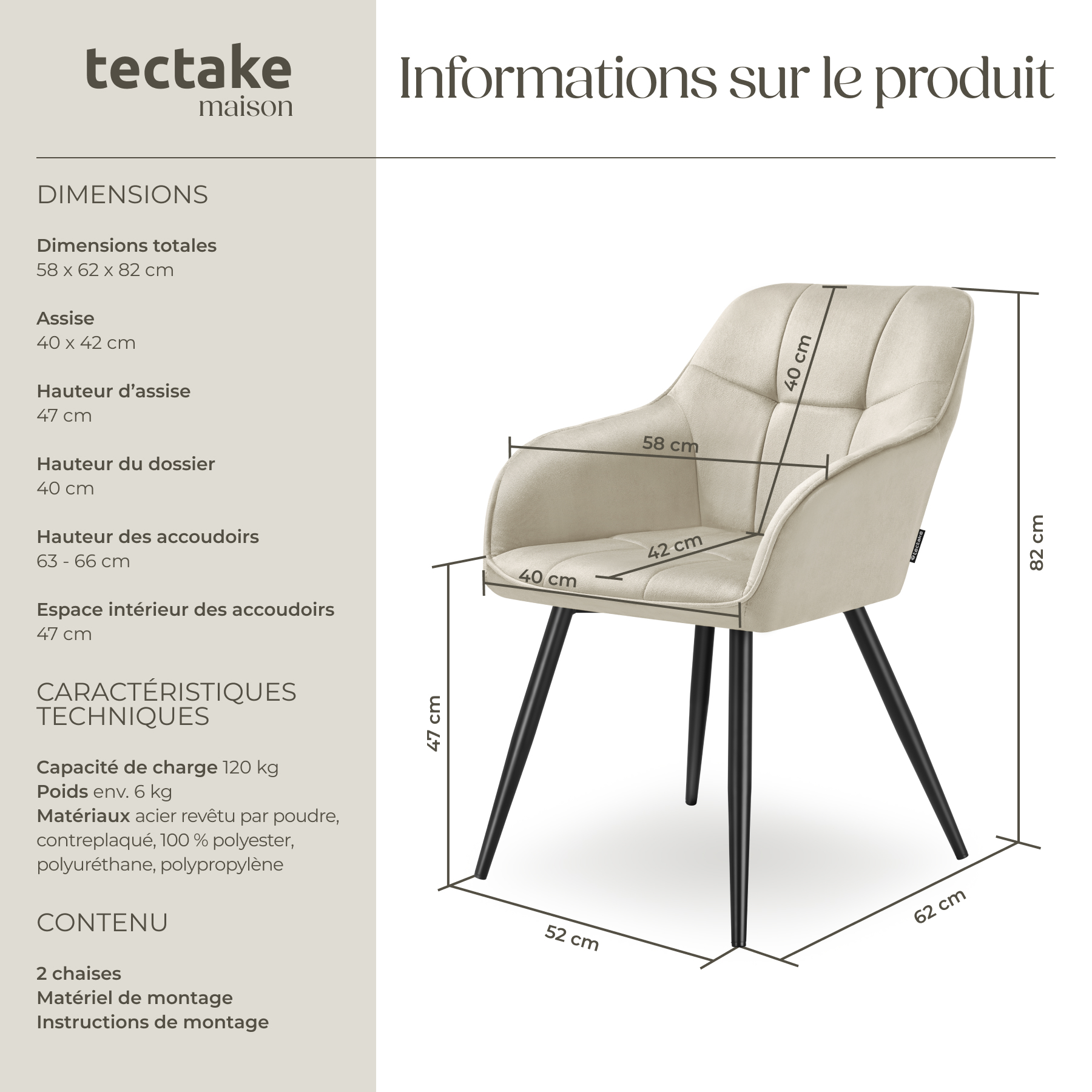 TecTake Tectake - Chaise marilyn en velours matelassé Lot 4 chaises de salle à manger aspect crème/or dès 329,90 € - sur