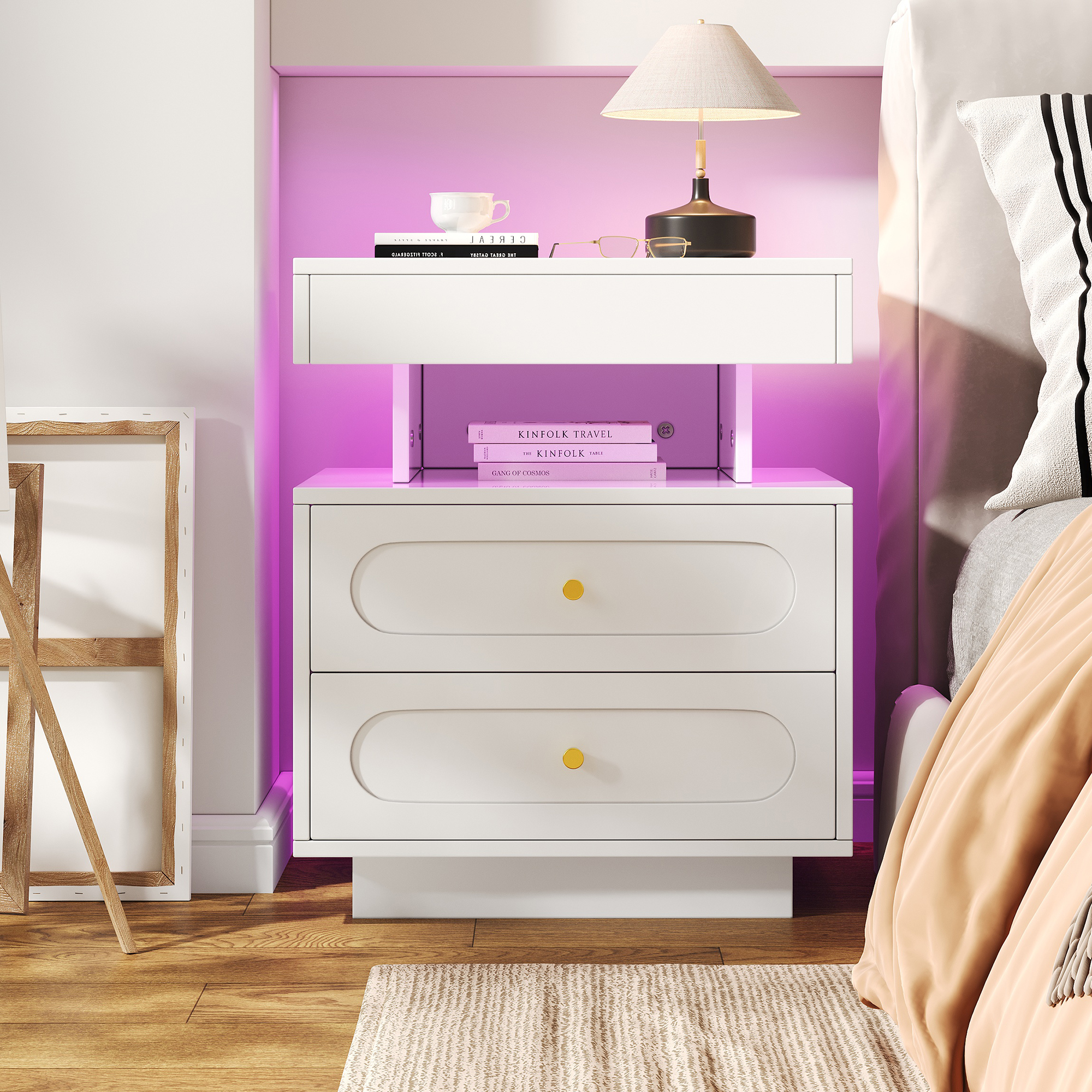Table De Chevet 3 Niveaux Avec Panier Suspendu - Métal Violet - 34x29x52 Cm - Pour Salon, Chambre, Bureau - SYKIARIOL