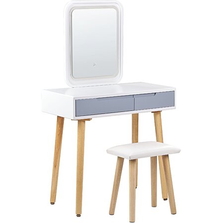 Coiffeuse blanc et gris avec 2 tiroirs un miroir à LED et un tabouret  DIEPPE 