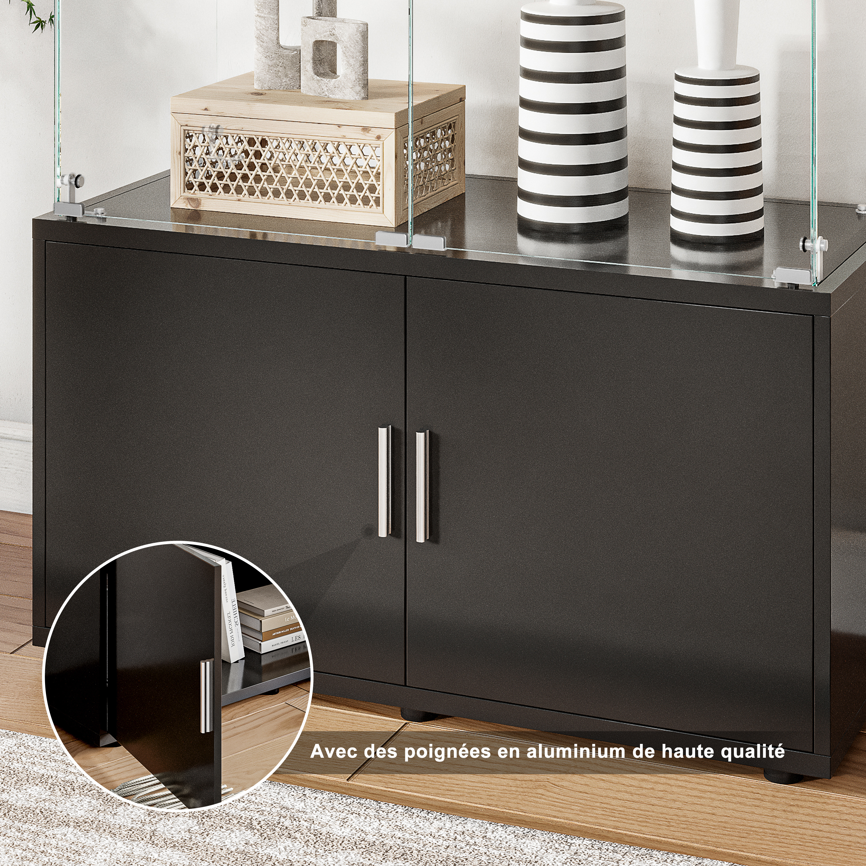 Vitrine Noire 170 Cm Avec Éclairage LED Rgb, Étagères Et Vitres En