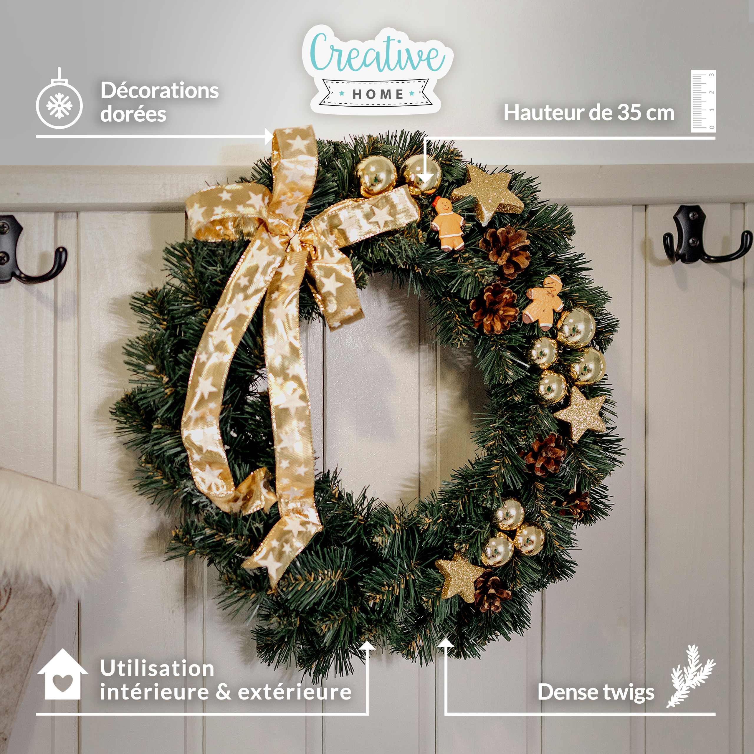 Couronne De Noël Rouge Pour Porte D'entrée, Fenêtre Dorée, Porte Mural – MY