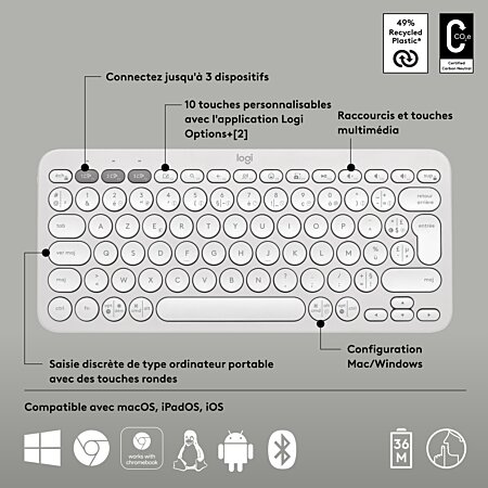 Logitech Pebble Keys 2 K380s - Clavier - sans fil - Bluetooth LE - AZERTY -  Français - blanc ton sur ton