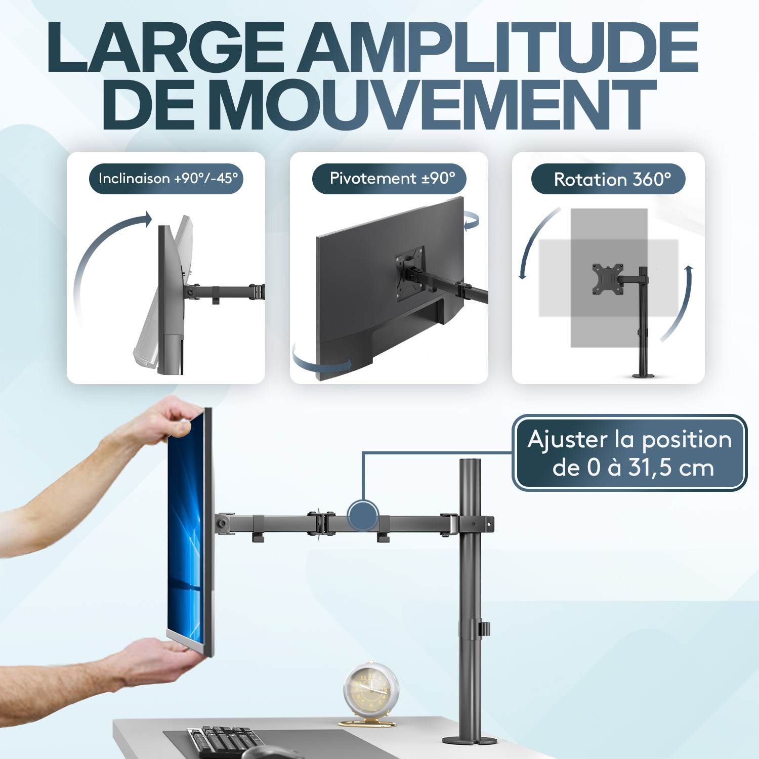 ACROPAQ Support Écran PC Bras à Ressort 360° - Pour Écrans 17 à 27 Pouces, Noir