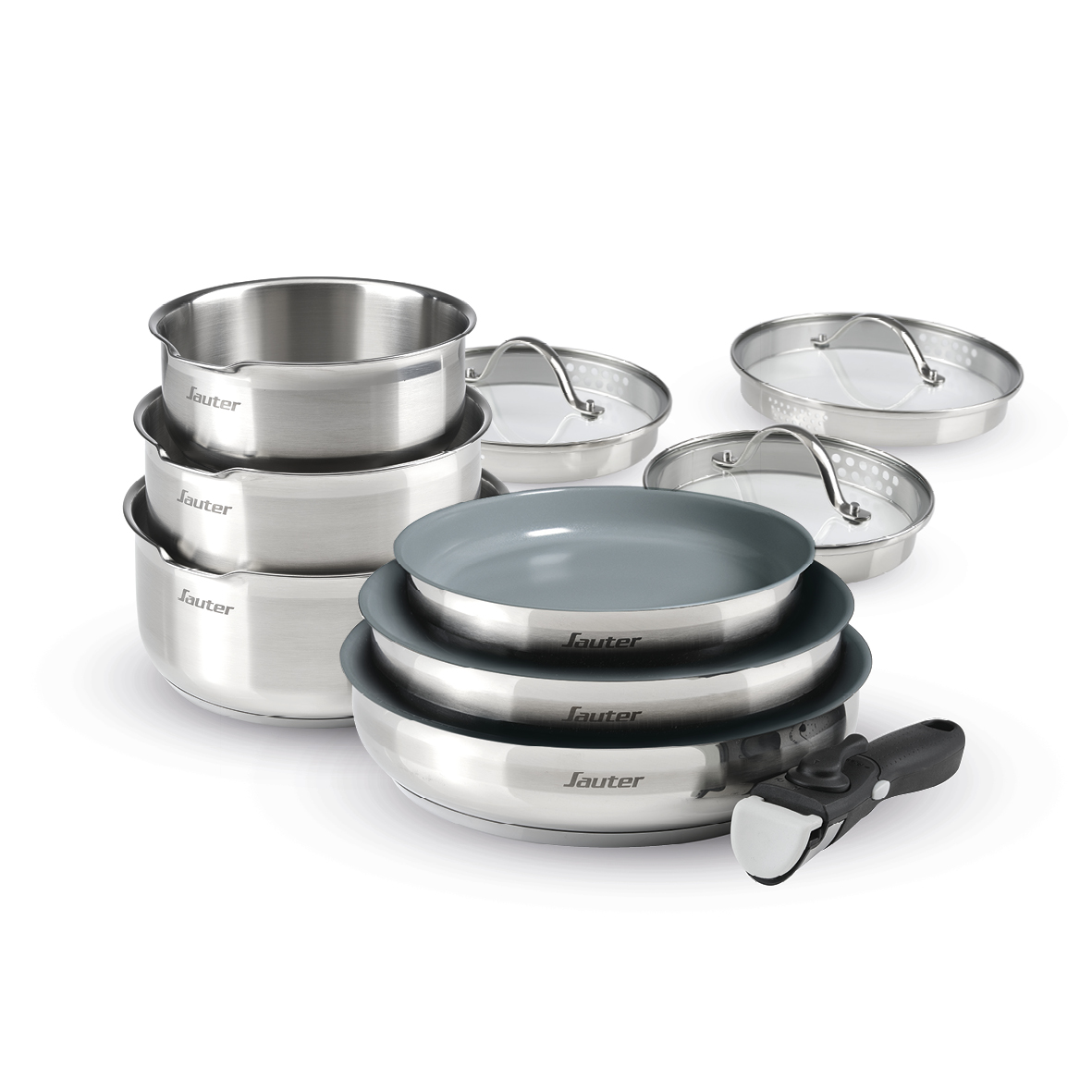 Batterie empilable 10 pièces en acier inoxydable : 3 casseroles 16/18/20 cm + 3 couvercles + 3 poêles anti-adhésives 20/24/26 cm