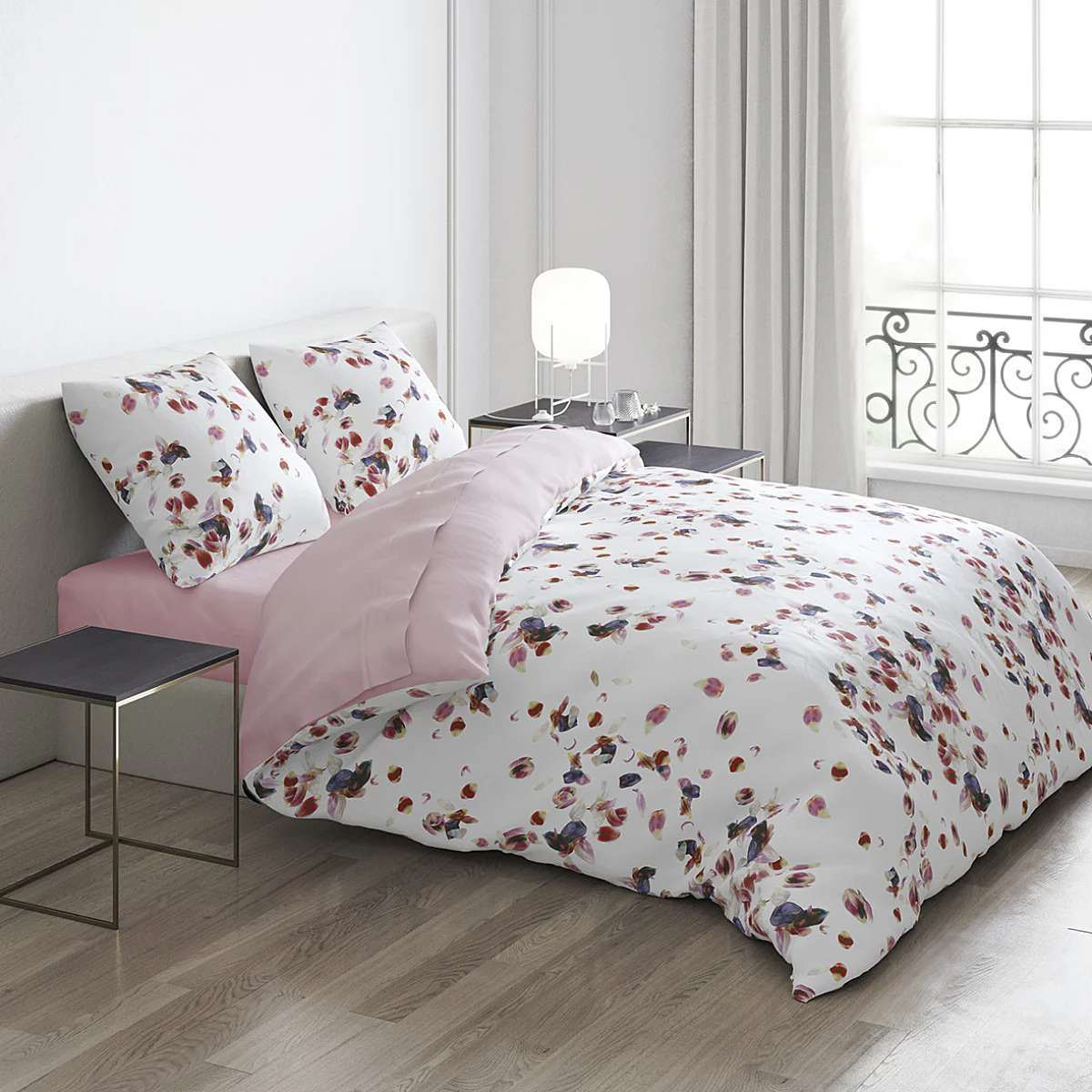 Ensemble housse de couette et 2 taies d'oreiller - 100 % satin de coton 80 fils/cm² - Aurore - blanc / rose clair
