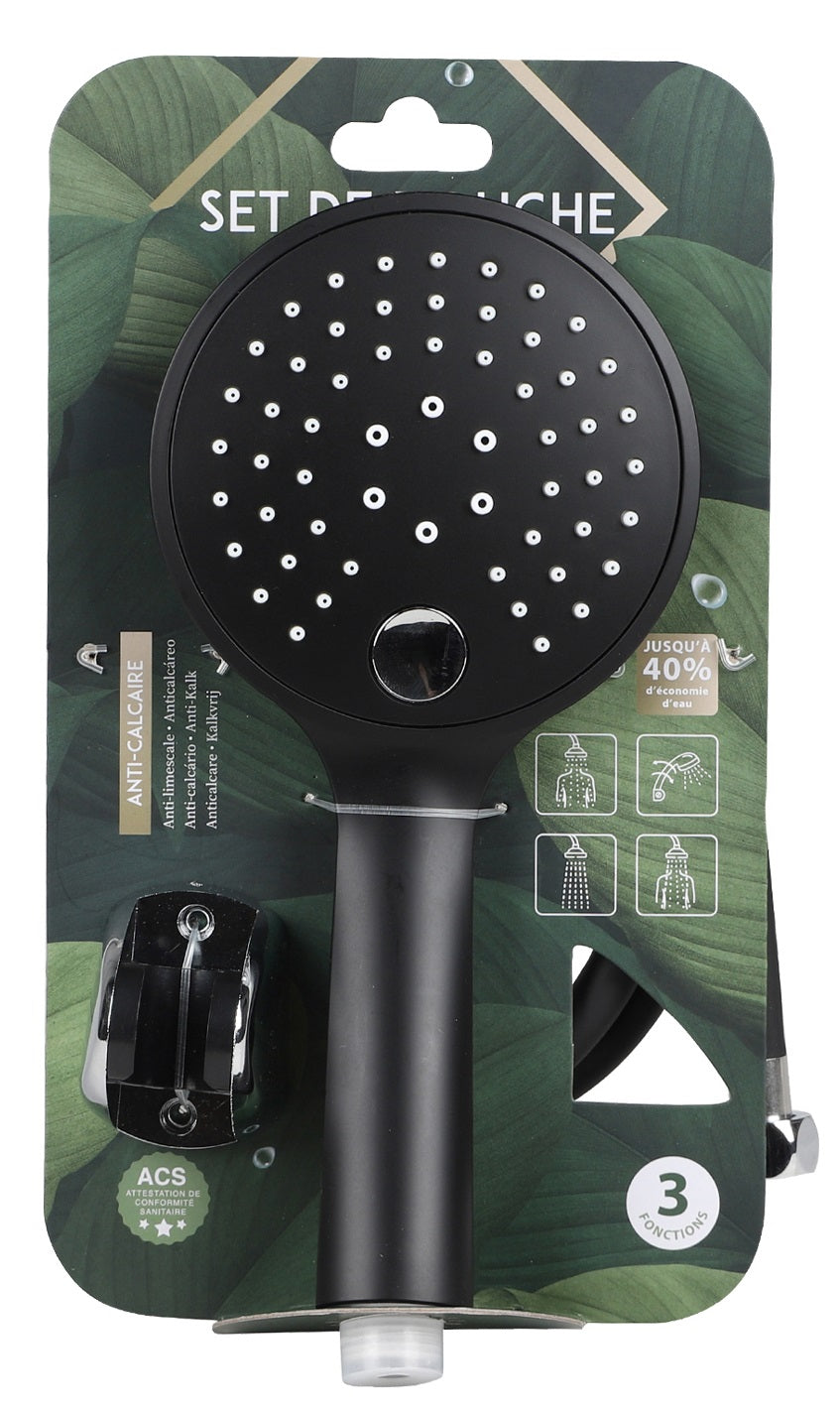 Pommeau de douche avec tuyau de 1,5 m haute pression - Noir - Avec filtre  anti-calcaire - 6 modes - Économiseur d'eau - Avec filtre de douche -  Perles