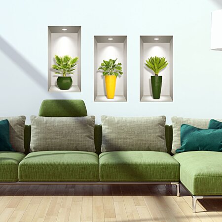 Vase autocollant mural 3D, autocollant mural plantes vertes