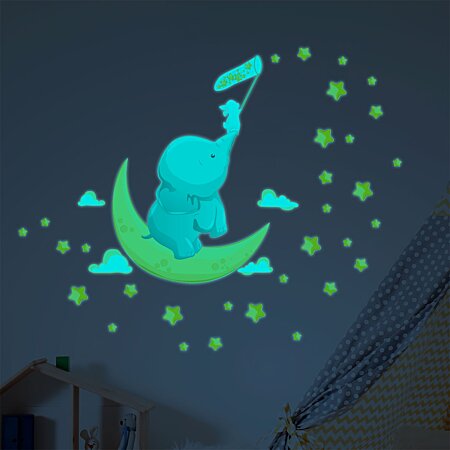 Sticker phosphorescent lumineux chambre enfant - ÉLÉPHANT ET LAPIN  ATTRAPENT LES ÉTOILES + 110 ÉTOILES au meilleur prix