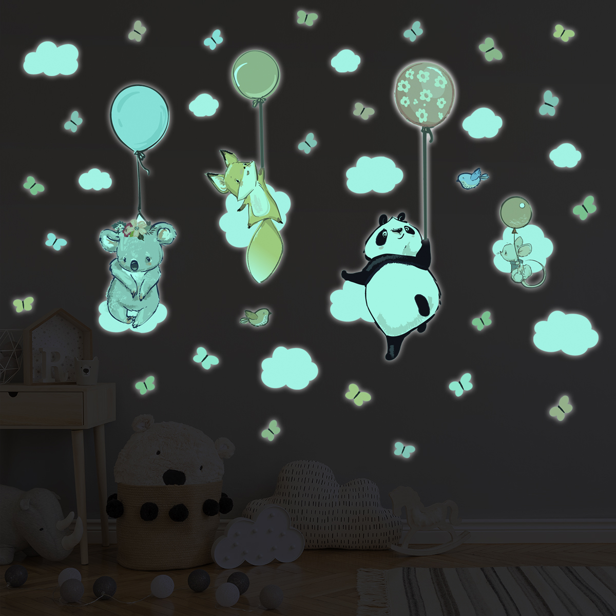 Sticker phosphorescent lumineux - PANDA BALLERINE ET 70 CŒURS - Autocollant  mural plafond enfant fluorescent - 80x80cm