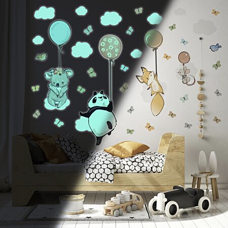 Sticker phosphorescent lumineux - RENARD ET SON BALLON + 60 FLEURS - Autocollant  mural plafond enfant fluorescent - 70x85cm