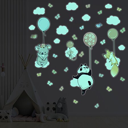 Sticker phosphorescent lumineux - ANIMAUX HEUREUX VOLANTS - Autocollant  mural plafond enfant fluorescent - 55x40cm