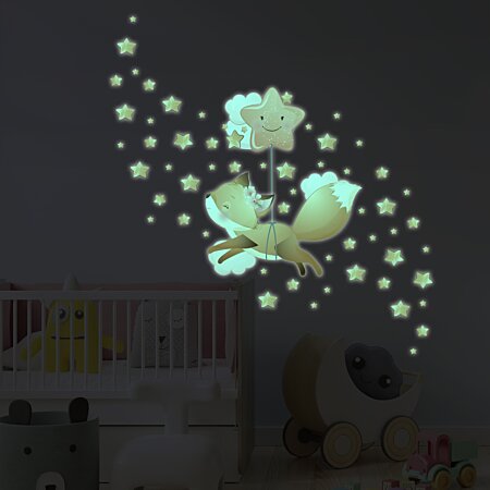 Sticker phosphorescent lumineux chambre enfant - RENARD DANS LES ÉTOILES +  60 ÉTOILES au meilleur prix