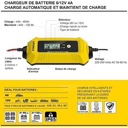 Chargeur de batterie intelligent 4A 230V 6/12V Voiture Moto