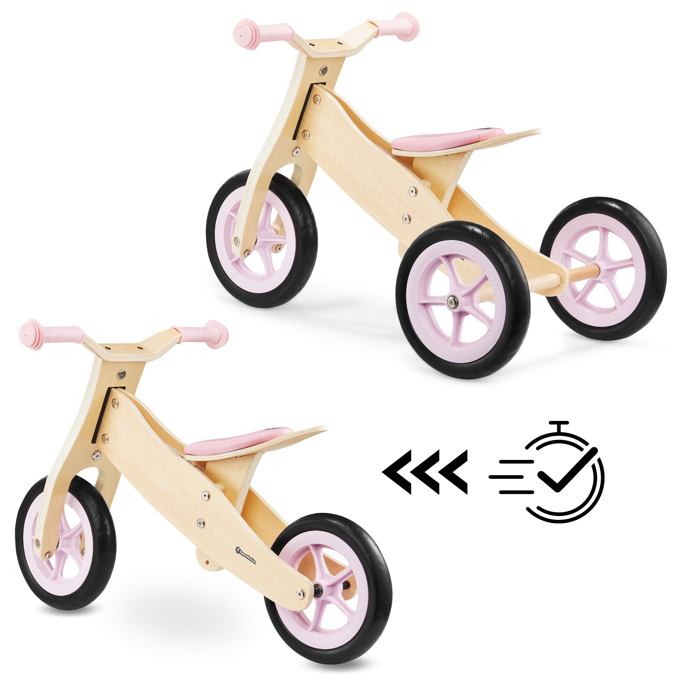 Draisienne Enfant en bois et Tricycle Evolutif 2en1- HyperMotion PERCY-  ou Roues- Jusqu'à 30 KG- Premier Vélo- Rose