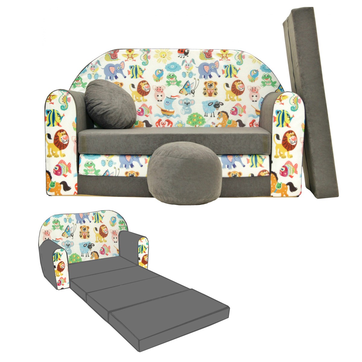 Canapé en mousse enfant convertible lit avec coussin et pouf OEKO-TEX