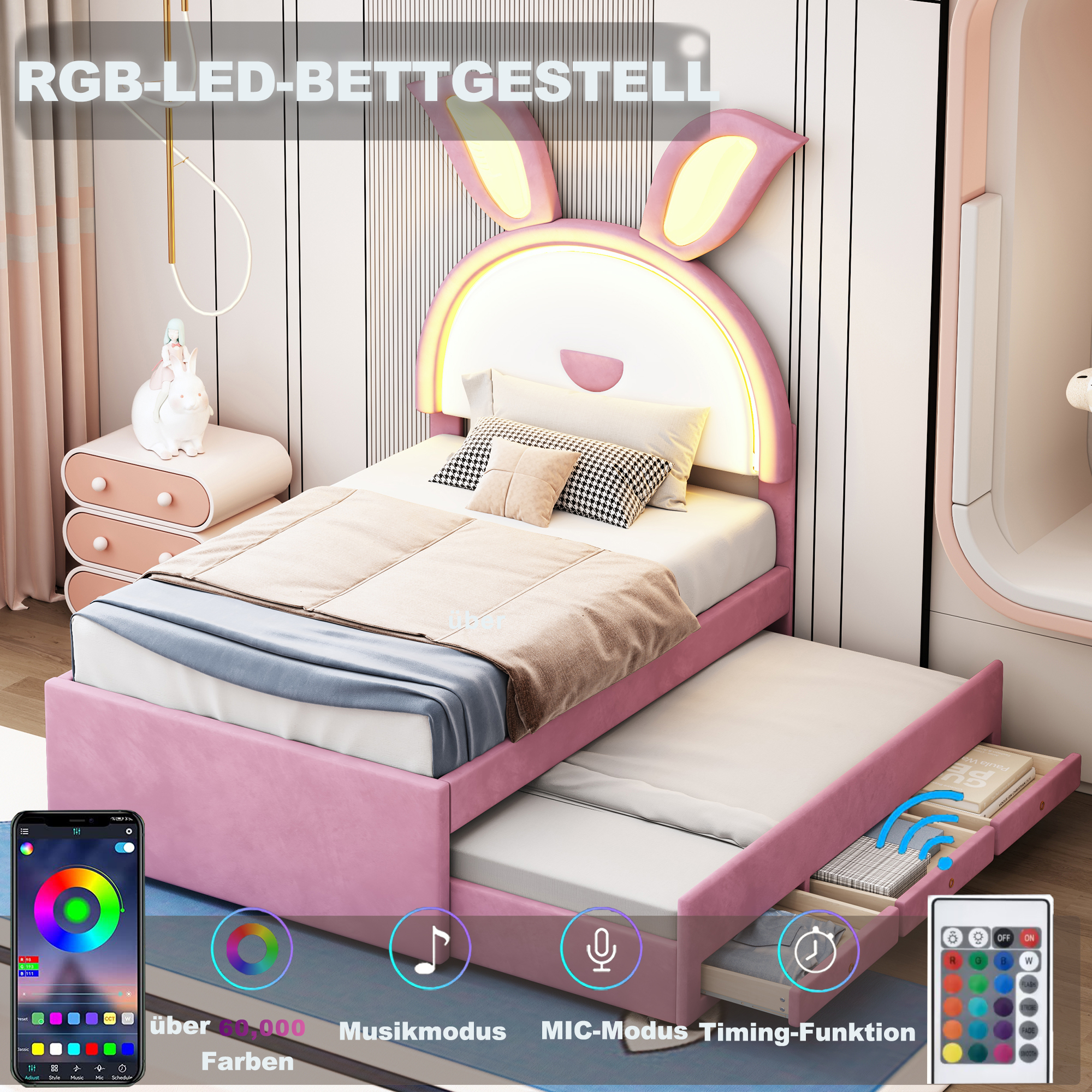 Lit Simpl Rmbourré Pour Nfant Ros 90 X 200 Cm, Tissu Vlours Avc Lit Gigogn, Tiroir D Rangmnt T Lamp Ld à Changmnt D Coulur Au Millur Prix