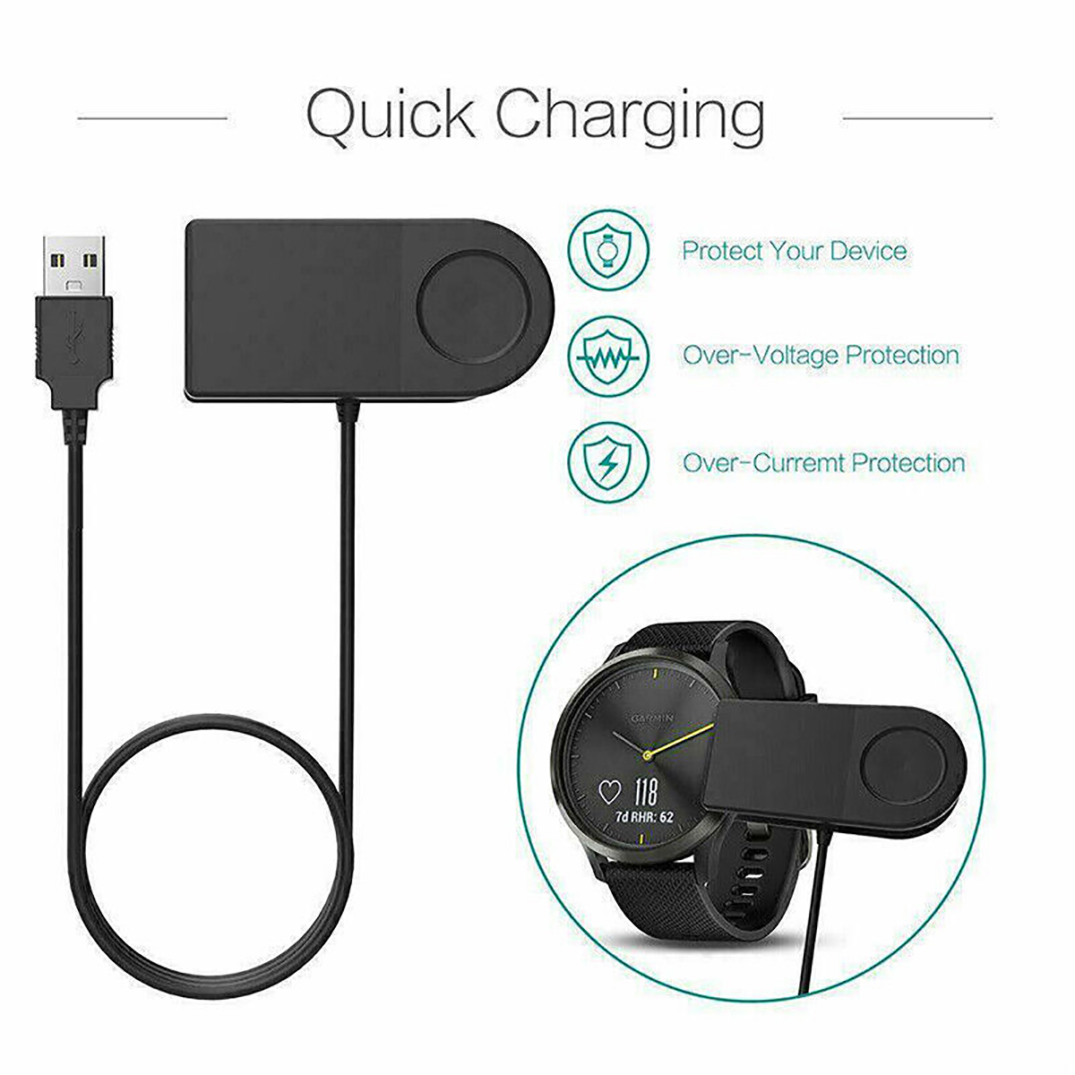 Chargeur Compatible Garmin Forerunner 970/570 - Câble USB, Charge Rapide, Noir