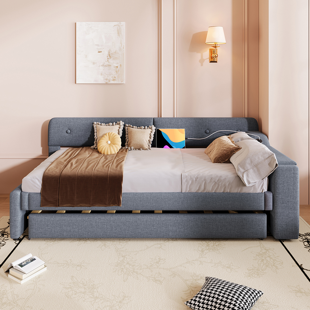 Canapé D'Angle Convertible Lit Avec Rangement - Ports USB, Accoudoirs Multifonctions, Tissu Chenille