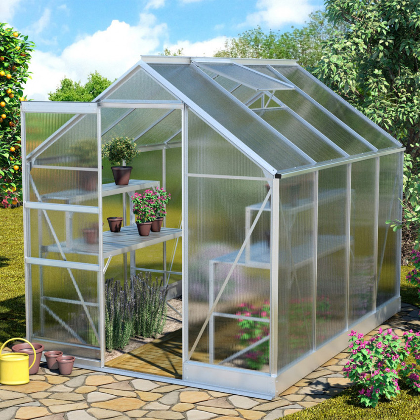 Serre De Jardin En Aluminium Et Polycarbonate 4mm - Tailles De 230x180x195cm - Porte Coulissante, Fenêtre Toit Réglable - 6