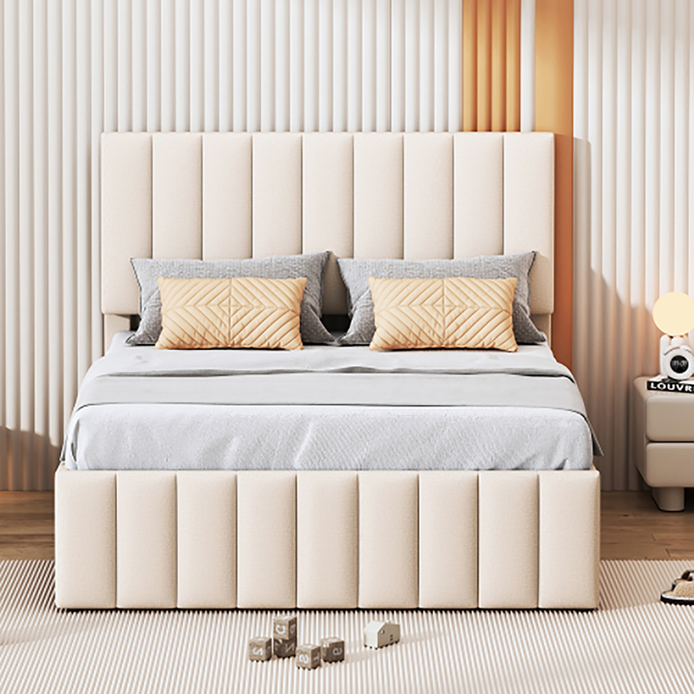 Canapé-lit En L Rembourré Velours Beige – 140x200 Cm + Lit Gigogne 90x190 Cm – Sans Matelas – Dossier Fleuri - 3