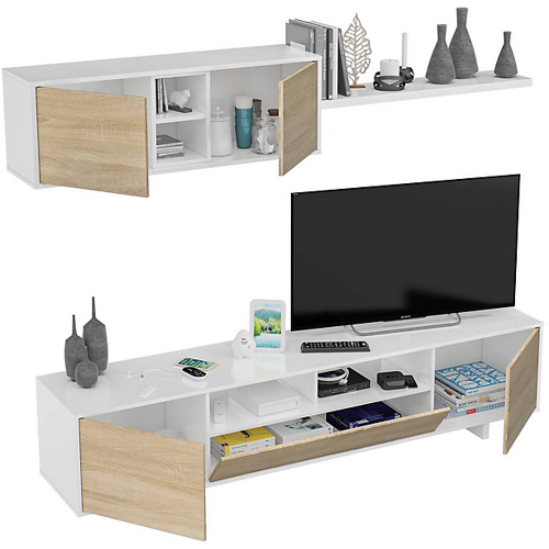 Meuble TV 3 portes avec 1 niche et étagère murale L200 x P41 x H46 cm, blanc/chêne KARL