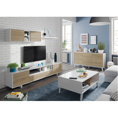 Meuble TV 3 portes avec 1 niche et étagère murale L200 x P41 x H46 cm, blanc/chêne KARL