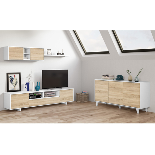 Meuble TV 3 portes avec 1 niche et étagère murale L200 x P41 x H46 cm, blanc/chêne KARL