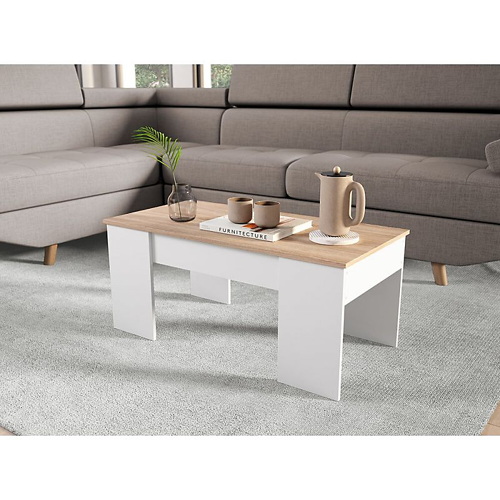 Table basse avec plateau relevable et rangement Blanc/Béton VIK