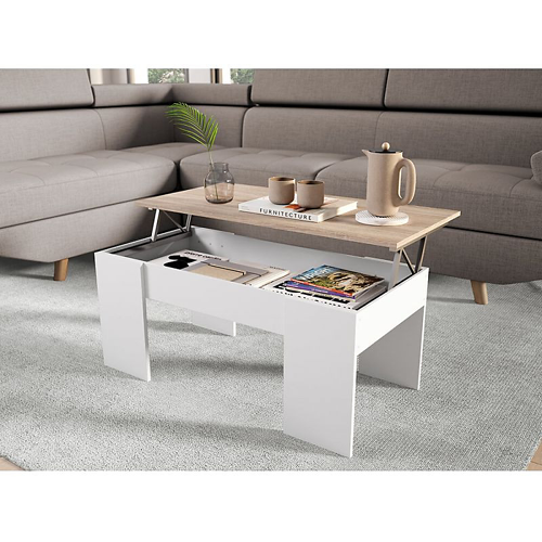 Table basse avec plateau relevable et rangement Blanc/Béton VIK