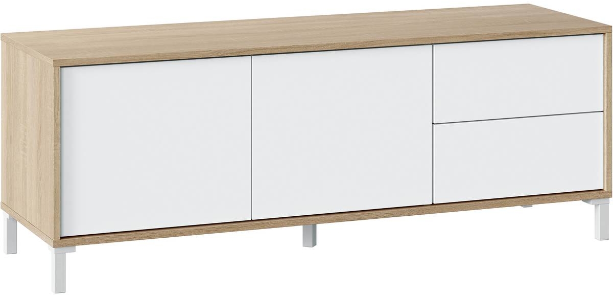 Meuble TV 2 portes et 2 tiroirs L130cm - Blanc/chêne