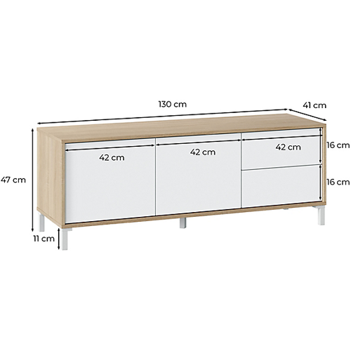 Meuble TV 2 portes et 2 tiroirs L130cm - Blanc/chêne