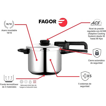 Fagor duo 4 autocuiseur 4 litres, induction, acier inoxydable 18/10, 2  niveaux de pression argent FAGOR Pas Cher 