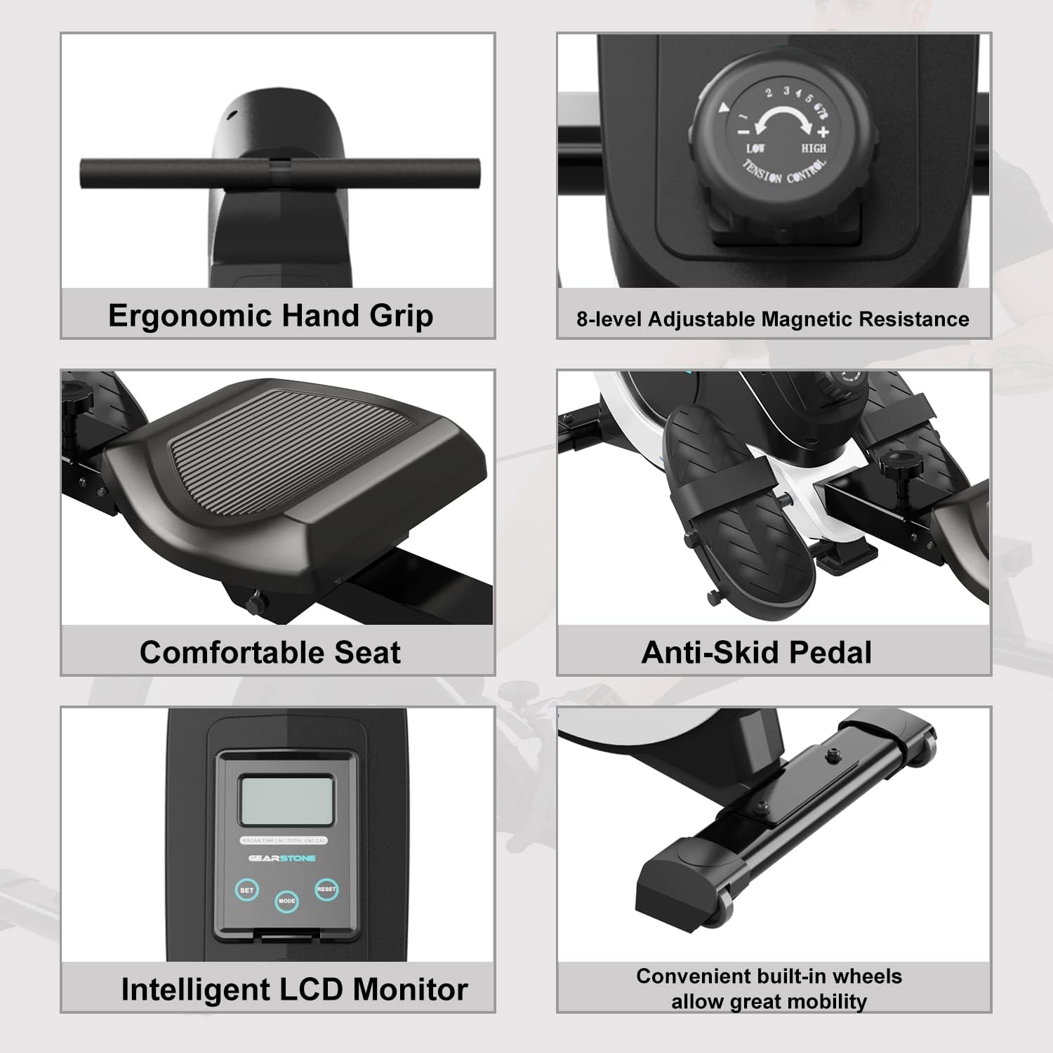 Rameur Pliable GEARSTONE – Magnétique, 8 Niveaux De Résistance, écran LCD, Pour Domicile, Poids Max 120kg