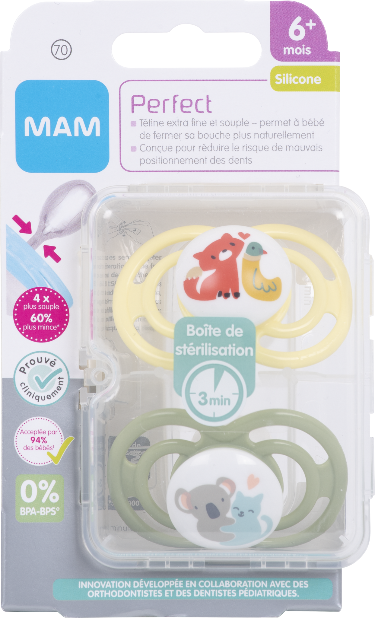 MAM Sucette Perfect – 6+ mois – Silicone – Lot de 2 sucettes et boîte de  stérilisation – coloris aléatoire : : Bébé et Puériculture