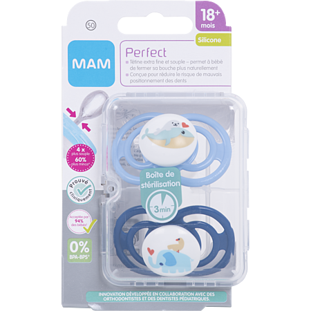 MAM Perfect Pacifiers (lot de 2 sucettes, 1 étui de stérilisation), tétine  MAM avec tétine en silicone souple, essentiels pour bébé fille de 6 mois et