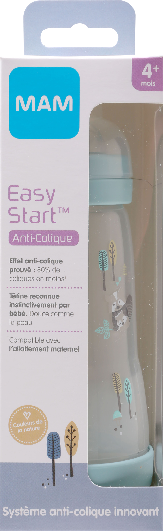 MAM Biberon Easy Start Anti Colique 320ml Aqua - 4 Mois et + Tétine Débit 3  - 9001616819506