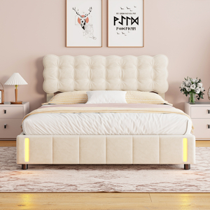 Lit Coffre LED 160x200 Avec Rangement Intégré - Velours Beige, Sommier à Lattes, éclairage Ambiant