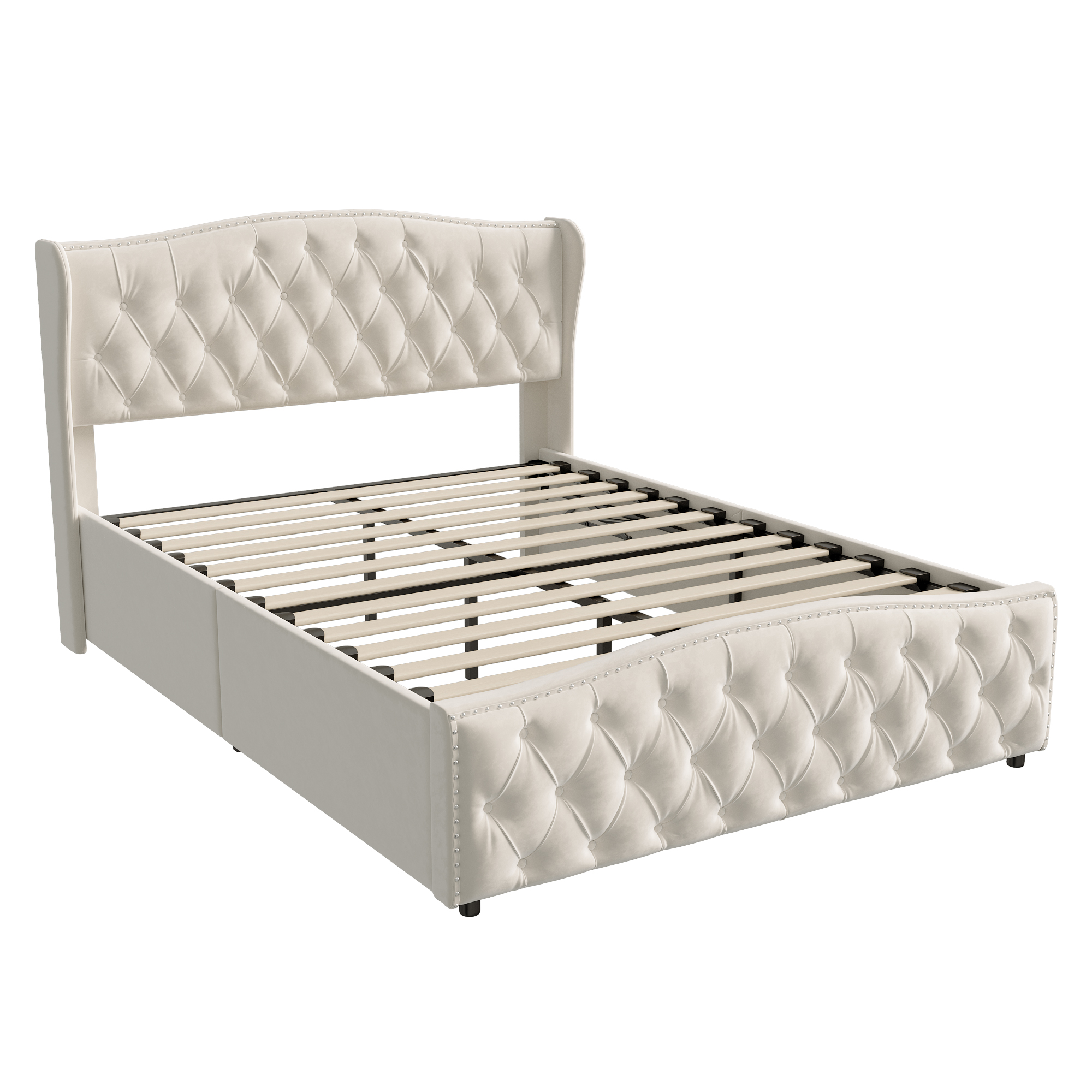 Lit Capitonné 160 X 200 Cm Avec Tête De Lit Et Dossier Allongés - étagères - Velours - Gris