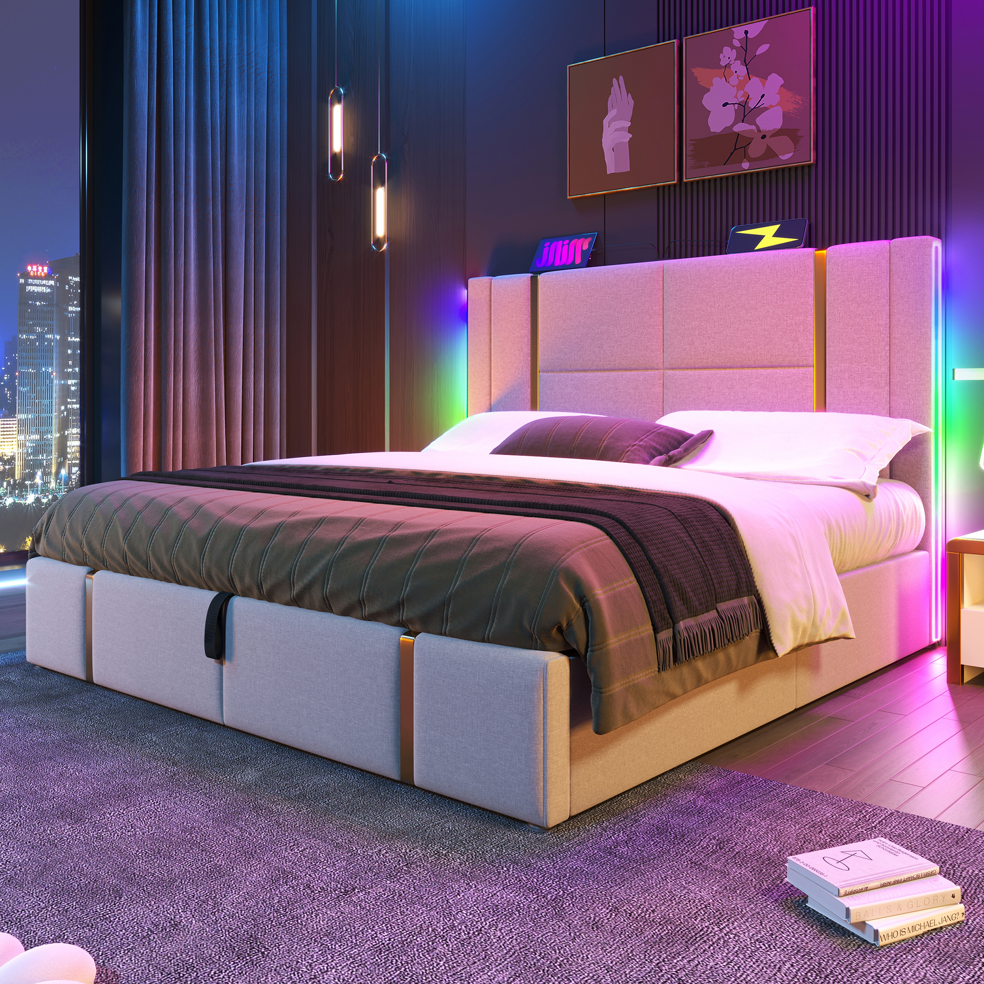Lit Double 180x200 Cm Avec Rangement Coffre, LED RGB, Ports USB/Type-C - Cadre De Lit En Lin, Sans Matelas - 5