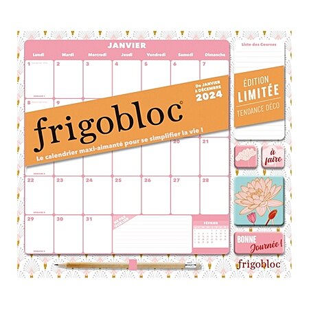 Frigobloc Mensuel 2024 avec Stylo 4 couleurs (de janv. à déc. 2024