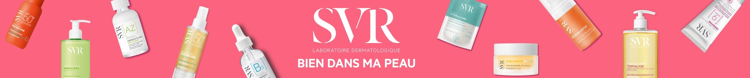 Bannière publicitaire pour le Laboratoire Dermatologique SVR. L'image présente une large sélection de produits de soin (gammes Sun Secure, Sebiaclear, Ampoule [B3], Biotic, Topialyse, etc.) disposés de manière dynamique sur un fond rose vif. Au centre, le logo SVR est accompagné du slogan « BIEN DANS MA PEAU ».