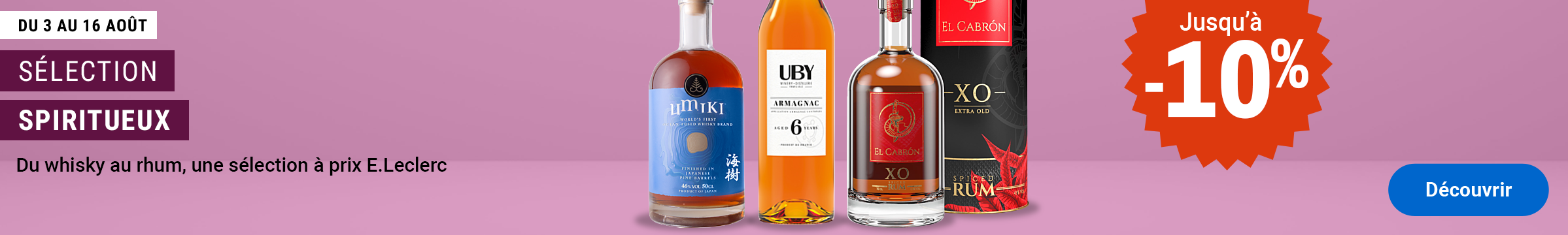 Sélection Spiritueux du 3 au 16 août : jusqu'à -10% sur une gamme de whiskies et rhums comme Umiki, UBY et El Cabrón.