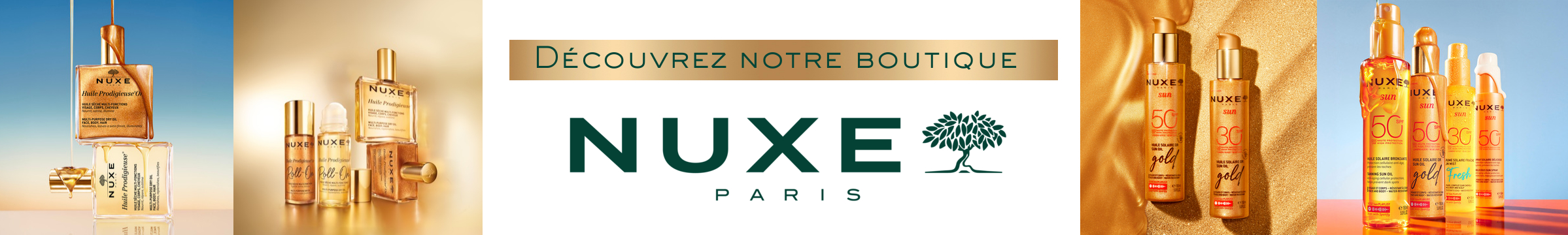 Bannière publicitaire pour la marque NUXE Paris. L'image centrale affiche le logo de la marque accompagné du texte « Découvrez notre boutique » sur fond blanc. De part et d'autre, plusieurs visuels mettent en scène les produits iconiques de la marque : l'Huile Prodigieuse (classique, or et riche) sous différents formats dont le roll-on, ainsi que la gamme solaire NUXE Sun (sprays haute protection SPF 30 et SPF 50, huiles solaires et lait fraîcheur) présentée sur des fonds estivaux évoquant le sable et le soleil.